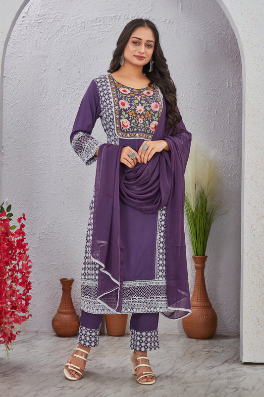 Purple Schiffli Work Kurti Set with Dupatta for Women