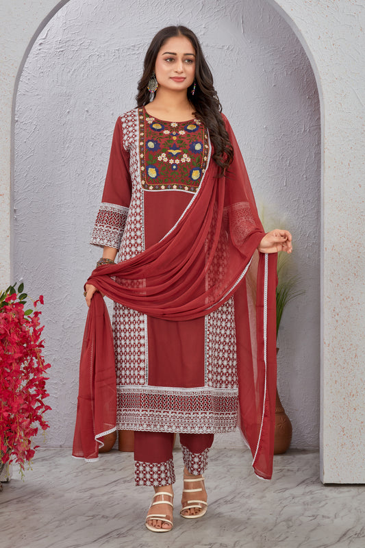 Red Schiffli Work Kurti Set with Dupatta for Women