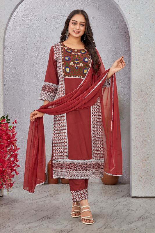 Red Schiffli Work Kurti Set with Dupatta for Women