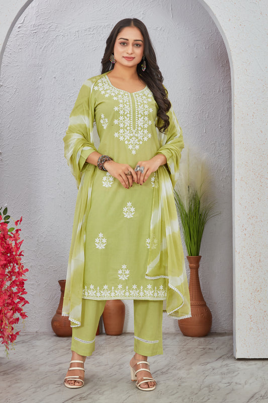Pista  Lucknowi Thread Work Cotton Suit Set