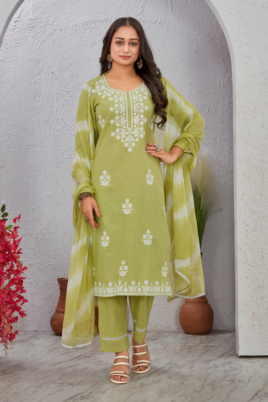 Pista  Lucknowi Thread Work Cotton Suit Set
