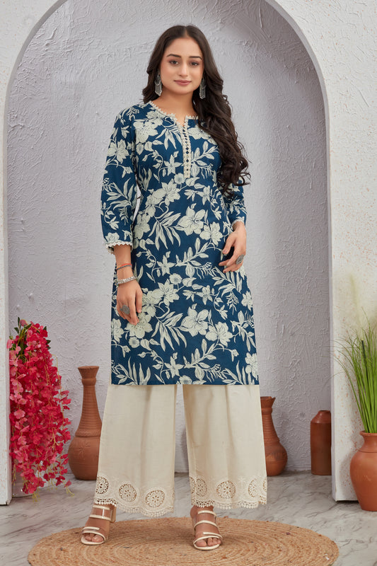 Elegant Floral Cotton Kurti Set with Crosio Lace & Schiffli Plazo