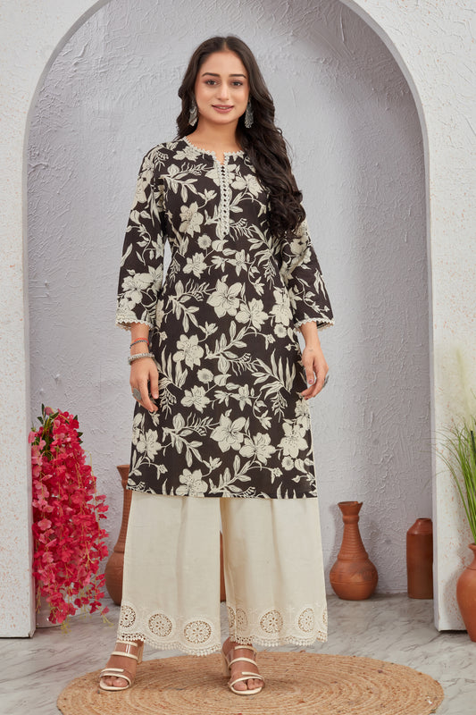 Elegant Floral Cotton Kurti Set with Crosio Lace & Schiffli Plazo