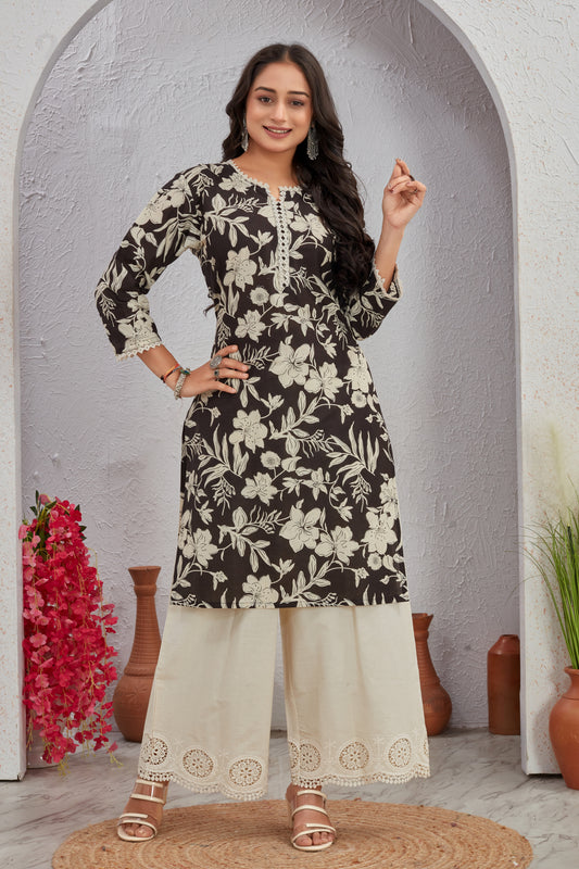 Elegant Floral Cotton Kurti Set with Crosio Lace & Schiffli Plazo