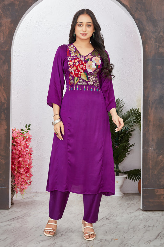 Purple Modal Viscose Embroidered Kurti Set for Women