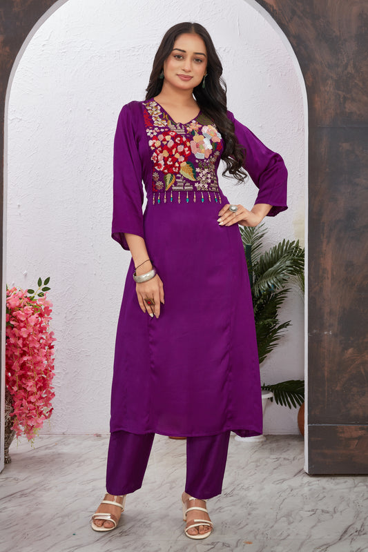 Purple Modal Viscose Embroidered Kurti Set for Women