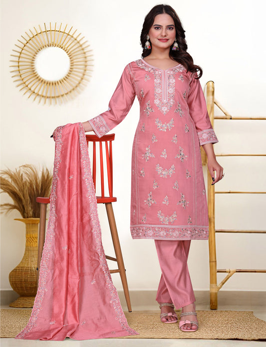 Women's SILK Embroidered Straight Kurta with Pant And Printed Dupatta Sets