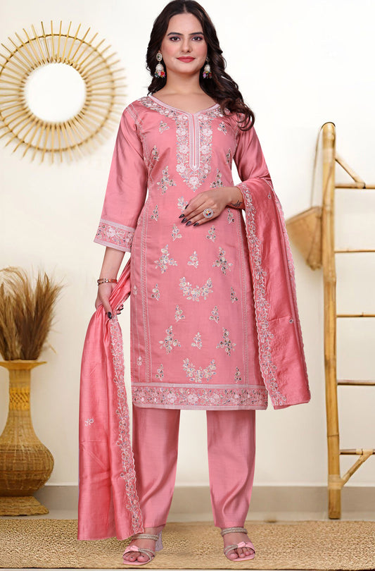 Women's SILK Embroidered Straight Kurta with Pant And Printed Dupatta Sets