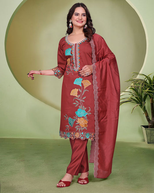 Women's SILK Embroidered Straight Kurta with Pant And Printed Dupatta Sets