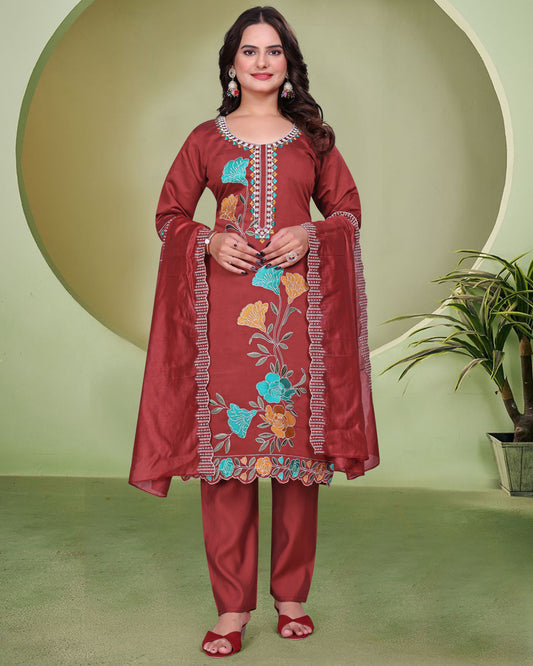 Women's SILK Embroidered Straight Kurta with Pant And Printed Dupatta Sets