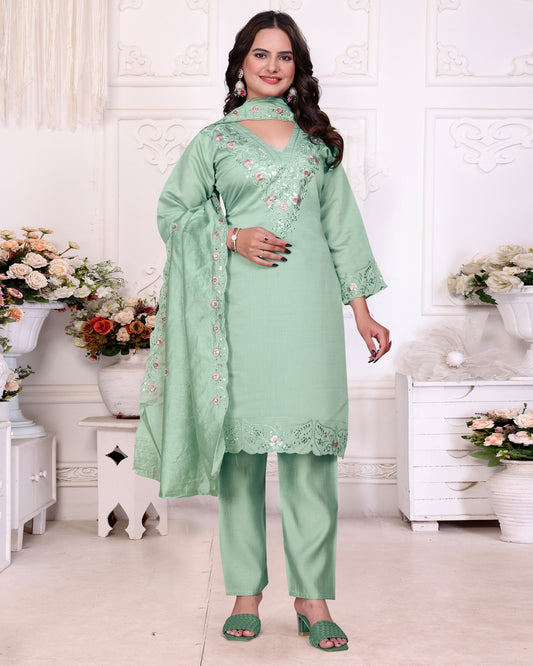 Women's SILK Embroidered Straight Kurta with Pant And Printed Dupatta Sets
