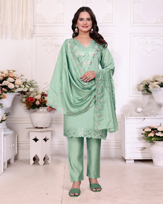 Women's SILK Embroidered Straight Kurta with Pant And Printed Dupatta Sets