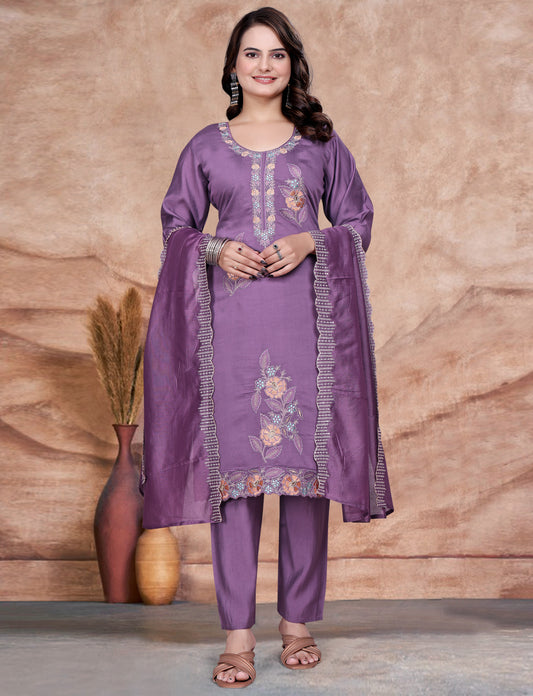 Women's SILK Embroidered Straight Kurta with Pant And Printed Dupatta Sets