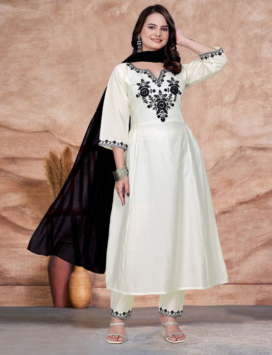 Women's SILK Embroidered Straight Kurta with Pant And Printed Dupatta Sets