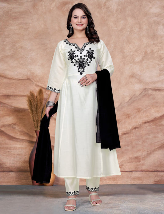 Women's SILK Embroidered Straight Kurta with Pant And Printed Dupatta Sets