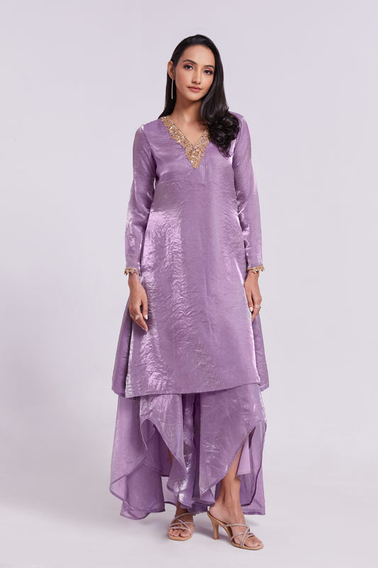 Lavender Zardozi-Embroidered Kurta Set with Layered Trousers