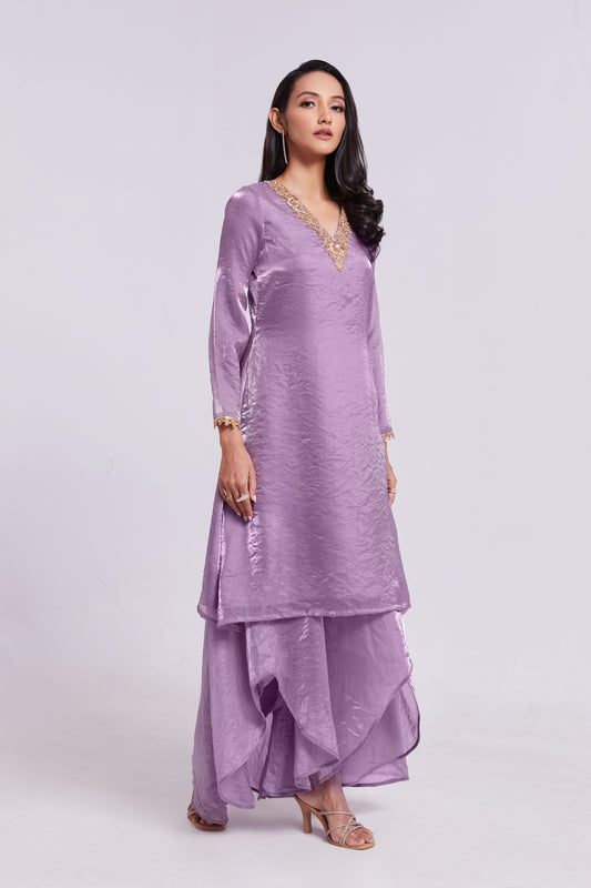 Lavender Zardozi-Embroidered Kurta Set with Layered Trousers