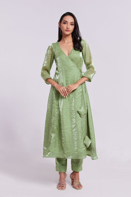 Sage Green Wrap-Style Kurta Set in Crushed Organza