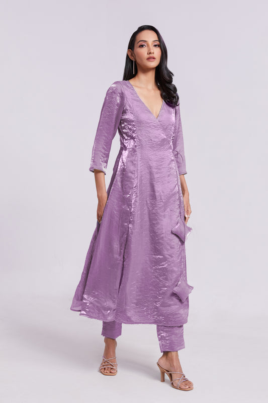 Sage Lavender Wrap-Style Kurta Set in Crushed Organza