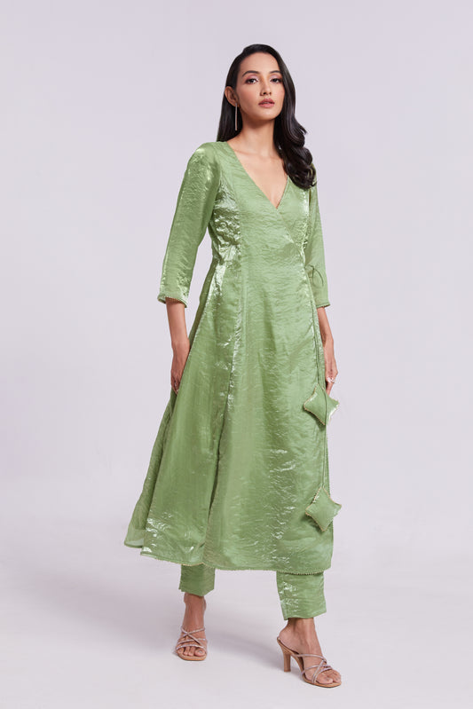 Sage Green Wrap-Style Kurta Set in Crushed Organza