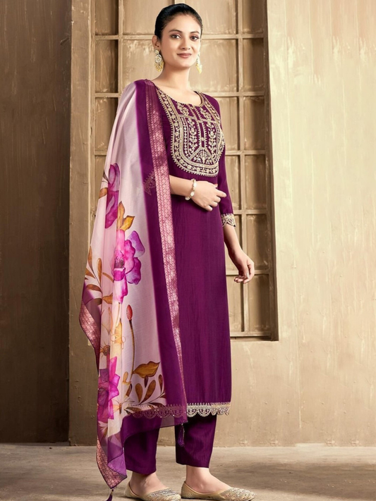 Wine Purple Rayon Slub Embroidered Kurta Pant Set with Chanderi Digital Print Dupatta (3-Piece Set)