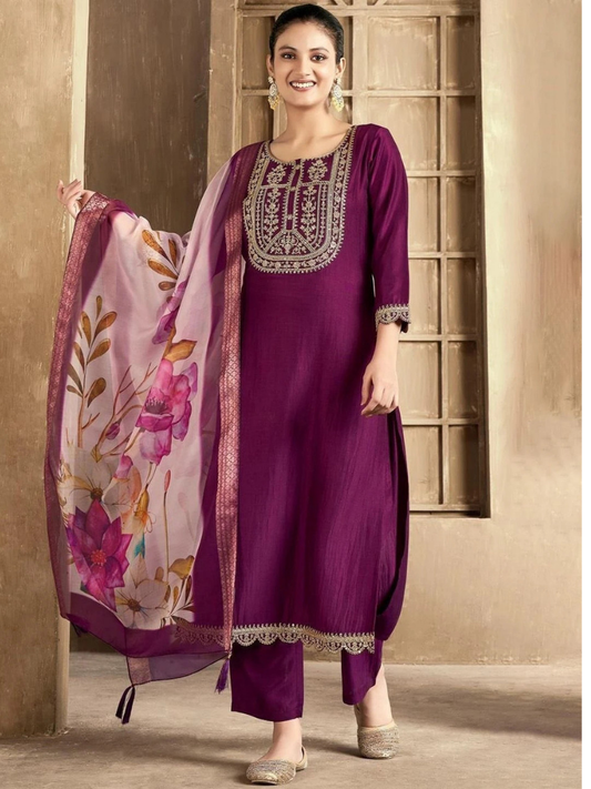Wine Purple Rayon Slub Embroidered Kurta Pant Set with Chanderi Digital Print Dupatta (3-Piece Set)