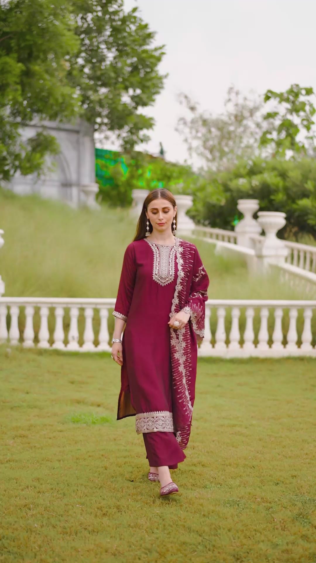 Women's Wine Vichitra Silk Embroidered Straight Kurta with Vichitra Silk Pant And Chinon Laced Dupatta Sets