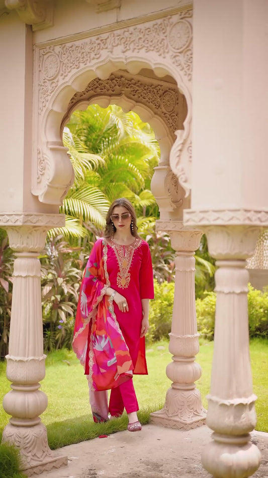 Women's SILK Embroidered Straight Kurta with Pant And NATURAL CRAP Printed Dupatta Sets