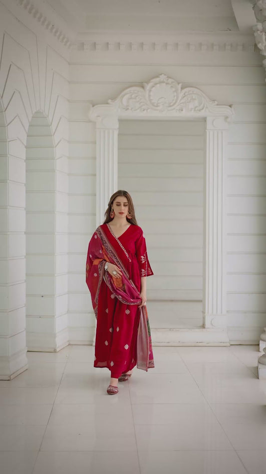 Elegant Design Premium Roman Silk Anrakali Suit with Embroidery work on all Over kurti and Sleeve With Beautiful Printed Dupatta and Pant