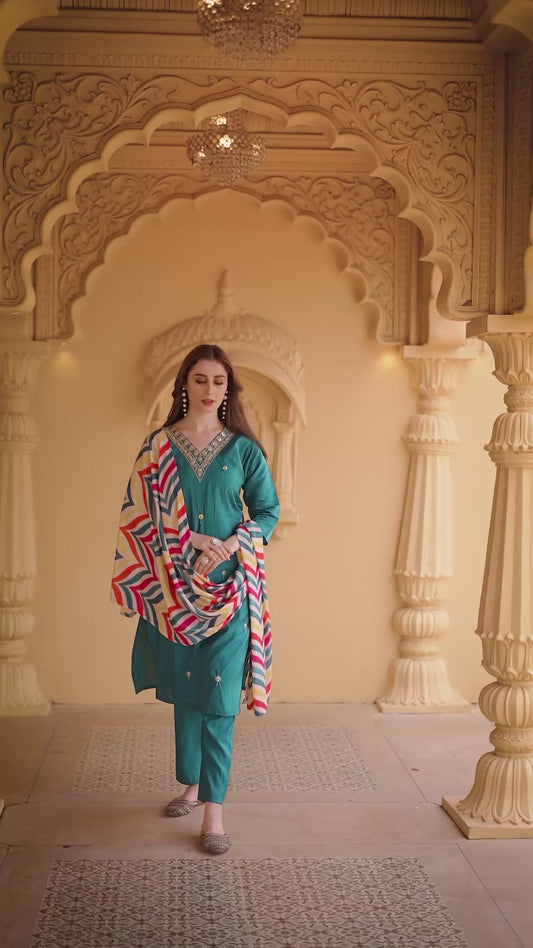 Women's Silk Embroidered Straight Kurta with Pant And Natural Crap Printed Dupatta Sets