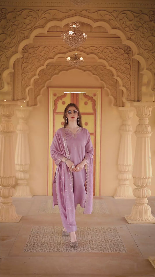 Women's SILK Embroidered Straight Kurta with Pant And JECKET BUTTI Printed Dupatta Sets