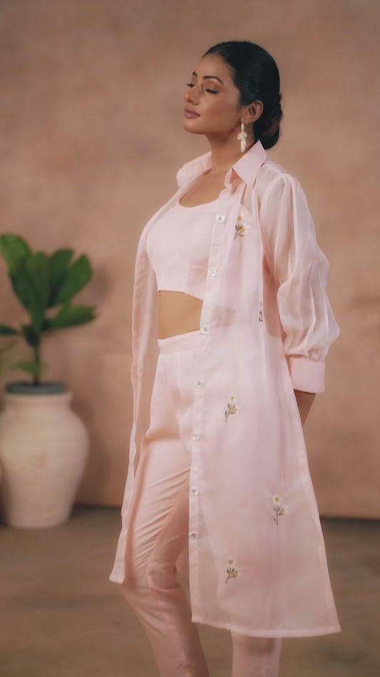 Light Pink Organza Embroidered Indowestern Co ord Jacket
