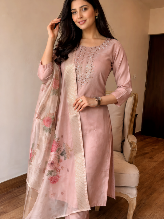ZEAVI Blush Pink Rayon Slub Embroidered Kurta Set with Printed Chanderi Dupatta