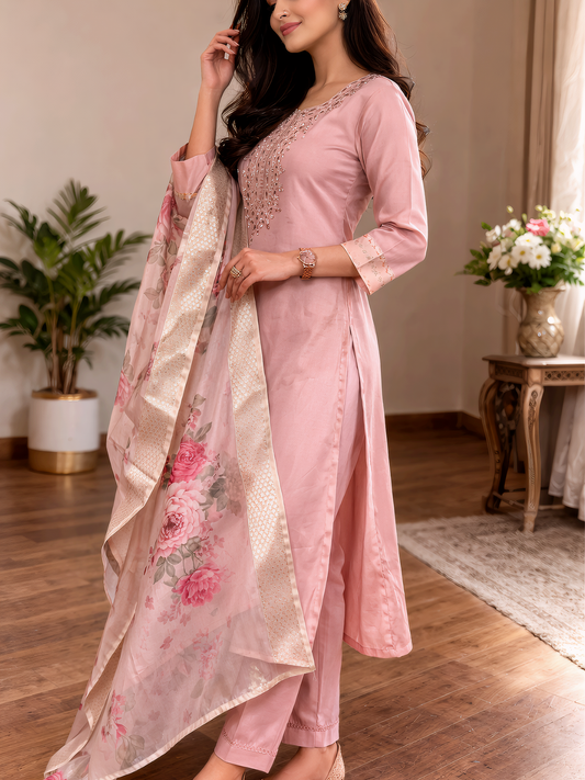 ZEAVI Blush Pink Rayon Slub Embroidered Kurta Set with Printed Chanderi Dupatta